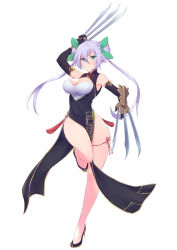 Rule 34 | 1girl, arm up, bare shoulders, black dress, black footwear, black gloves, blush, breasts, capcom, china dress, chinese clothes, chun-li, cleavage, closed mouth, cocoablue23, double bun, dress, elbow gloves, full body, gloves, green eyes, hair bun, hair ornament, high heels, highres, large breasts, leg up, long hair, official art, purple hair, side slit, simple background, sleeveless, solo, standing, standing on one leg, street fighter, thigh strap, thighs, weapon, white background