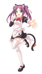 Rule 34 | 1girl, :d, animal ears, bad id, bad pixiv id, bell, blue eyes, cat ears, cat tail, full body, hair ribbon, leg up, looking at viewer, maid, mary janes, open mouth, original, outstretched arm, peach88, purple hair, ribbon, shoes, simple background, skirt, smile, solo, tail, tail bell, tail ornament, thighhighs, twintails, white background, white thighhighs