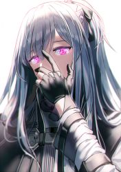 Rule 34 | 1girl, ak-12 (girls&#039; frontline), bad id, bad twitter id, black ribbon, breasts, cloak, covered mouth, girls&#039; frontline, gloves, glowing, glowing eyes, hair ribbon, hand up, jacket, long hair, long sleeves, looking at viewer, partially fingerless gloves, purple eyes, ribbon, silence girl, silver hair, simple background, solo, strap, white background