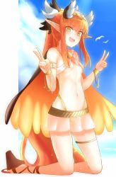 Rule 34 | 1girl, armlet, bare shoulders, belt, blue sky, blush, bracelet, breasts, brown wings, cape, circe (fate), criss-cross halter, day, double v, fate/grand order, fate (series), feathered wings, green eyes, halterneck, hands up, head wings, high ponytail, jewelry, kneeling, legs, long hair, looking at viewer, miniskirt, multicolored eyes, navel, open mouth, pink eyes, pink hair, pointy ears, pussy, pussy peek, sidelocks, skirt, sky, small breasts, smile, solo, thighlet, v, white skirt, winged hair ornament, wings, yoosai