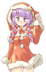 Rule 34 | 1girl, alternate costume, arnest, bare shoulders, blush, bow, bowtie, commentary, cowboy shot, crescent, crescent pin, detached sleeves, dress, fur trim, hair bow, hand up, hat, long hair, long sleeves, looking at viewer, panties, pantyshot, patchouli knowledge, pom pom (clothes), purple eyes, purple hair, red bow, red bowtie, red dress, red hat, santa hat, simple background, solo, touhou, underwear, white background