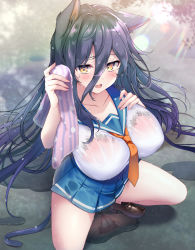 Rule 34 | 1girl, after rain, animal ears, blue skirt, blush, bra, bra visible through clothes, breasts, brown footwear, cat ears, cat girl, cat tail, collarbone, fang, from above, hair between eyes, highres, holding, holding towel, kaniya shiku, lace, lace-trimmed bra, lace trim, large breasts, loafers, long hair, looking at viewer, miniskirt, mirror image, necktie, open mouth, orange necktie, original, outdoors, panties, pink bra, pink panties, pleated skirt, puddle, purple hair, sailor collar, school uniform, see-through, serafuku, shirt, shoes, short sleeves, skirt, solo, squatting, tail, towel, underwear, very long hair, water, wet, wet clothes, wet hair, wet shirt, white shirt, yellow eyes