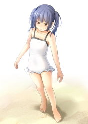 Rule 34 | 1girl, bare arms, bare legs, bare shoulders, barefoot, blue hair, brown eyes, casual one-piece swimsuit, collarbone, commentary request, frilled swimsuit, frills, highres, one-piece swimsuit, original, sand, shibacha, solo, standing, swimsuit, twintails, white background, white one-piece swimsuit