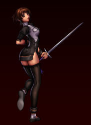 Rule 34 | 1girl, alternate costume, black thighhighs, brown eyes, brown hair, chai xianghua, dark, earrings, from behind, jewelry, jian (weapon), looking at viewer, looking back, micchii (mitchiee), miniskirt, mitchiee, short hair, skirt, solo, soul calibur, soulcalibur, soulcalibur ii, standing, sword, tassel, thighhighs, weapon, zettai ryouiki