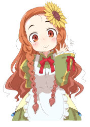 Rule 34 | 1girl, apron, arm behind back, braid, brown eyes, brown hair, closed mouth, commentary request, dated, dress, eclair (sekaiju), etrian odyssey, flower, green dress, hair flower, hair ornament, highres, long sleeves, loose hair strand, red ribbon, ribbon, samansa ex, sekaiju no meikyuu, sekaiju no meikyuu 2, sidelocks, signature, sleeve ribbon, smile, twin braids, waving, white background, yellow dress, yellow flower