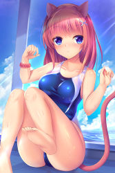 Rule 34 | 1girl, absurdres, animal ears, barefoot, blue eyes, blue sky, breasts, cat ears, cat tail, cloud, collarbone, competition swimsuit, day, highres, huge filesize, medium breasts, medium hair, one-piece swimsuit, original, outdoors, red hair, sitting, sky, solo, swimsuit, tail, umitonakai
