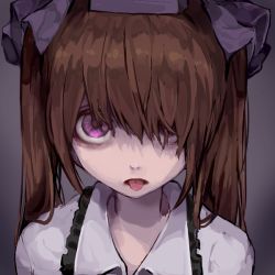 Rule 34 | 1girl, bad id, bad pixiv id, brown hair, hair over one eye, hair ribbon, hat, himekaidou hatate, long hair, looking at viewer, nose, portrait, purple eyes, purple ribbon, revision, ribbon, solo, tokin hat, tongue, tongue out, touhou, vippest, wing collar