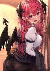 Rule 34 | 1girl, :d, ass, black panties, black pantyhose, black wings, blush, breasts, clothes lift, commentary request, cowboy shot, curtains, demon girl, demon tail, demon wings, from behind, head wings, highres, indoors, koakuma, lifted by self, lifted by tail, long hair, long sleeves, looking at viewer, looking back, medium breasts, open mouth, panties, panties under pantyhose, pantyhose, pink eyes, pink hair, pointy ears, shirt, skirt, skirt lift, smile, solo, tail, thighband pantyhose, touhou, underwear, very long hair, white shirt, wings, wowoguni