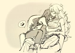 Rule 34 | 2girls, ahoge, blake belladonna, chair, commentary request, highres, korean commentary, monochrome, mugupo, multiple girls, prosthesis, prosthetic arm, rwby, sleeping, sleeping on person, sleeveless, yang xiao long, yuri