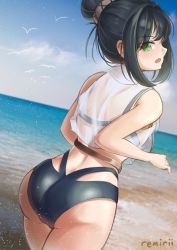 Rule 34 | 1girl, alexa (epic seven), ass, bare shoulders, bikini, black hair, blush, breasts, epic seven, from behind, green eyes, hair bun, highres, large breasts, looking back, looking down, open mouth, remirii, see-through, shiny clothes, shiny skin, short hair, sideboob, single hair bun, solo, swimsuit