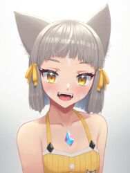 Rule 34 | 1girl, alten, animal ears, bare shoulders, blush, cat ears, cat girl, chest jewel, grey hair, highres, looking at viewer, nia (fancy sundress) (xenoblade), nia (xenoblade), open mouth, short hair, simple background, solo, teeth, tongue, upper body, white background, xenoblade chronicles (series), xenoblade chronicles 2, yellow eyes