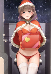 Rule 34 | 1girl, bikini, blue eyes, breasts, brown eyes, capelet, christmas, cleavage, dootmoon, elbow gloves, fur-trimmed capelet, fur-trimmed headwear, fur trim, gift, gloves, gluteal fold, hat, heart, highres, holding, holding gift, idolmaster, idolmaster cinderella girls, looking at viewer, medium breasts, medium hair, mk (mod0), night, open mouth, oyster, pom pom (clothes), red bikini, red capelet, red gloves, red hat, sakuma mayu, santa bikini, santa costume, santa hat, side-tie bikini bottom, side-tie bottom, snow, solo, standing, straight-on, swimsuit, thigh gap, thighhighs, white thighhighs