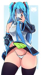 Rule 34 | 1girl, absurdres, aqua hair, bare shoulders, black skirt, black thighhighs, breasts, clothes lift, curvy, detached sleeves, hatsune miku, highleg, highres, josephwolf, long hair, medium breasts, necktie, panties, phone, photo-referenced, selfie, skirt, skirt lift, solo, spring onion, striped clothes, striped panties, thick thighs, thighhighs, thighs, twintails, underwear, vocaloid, wide hips