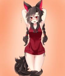 Rule 34 | 1girl, alternate costume, alternate hairstyle, animal ears, armpits, arms behind head, arms up, bad id, bad pixiv id, blush, braid, breasts, brooch, brown hair, collarbone, covered navel, dress, fang, gem, gradient background, hair tie, haruirokomici, imaizumi kagerou, jewelry, long hair, medium breasts, nose blush, open mouth, orange background, panties, raised eyebrows, red dress, red eyes, short dress, side-tie panties, sleeveless, sleeveless dress, solo, standing, striped clothes, striped dress, tail, thigh gap, thighs, touhou, translation request, twin braids, underwear, vertical-striped clothes, vertical-striped dress, wolf ears, wolf tail