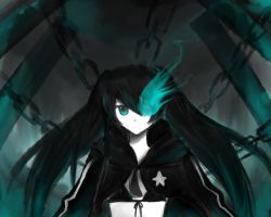 Rule 34 | 10s, 1girl, bad id, bad pixiv id, bikini, bikini top only, black hair, black rock shooter, black rock shooter (character), chain, coat, female focus, flat chest, front-tie top, glowing, glowing eyes, green eyes, hatsune miku, hood, hooded jacket, jacket, long hair, midriff, monochrome, neno, pale skin, solo, star (symbol), swimsuit, twintails, uneven twintails, very long hair, vocaloid