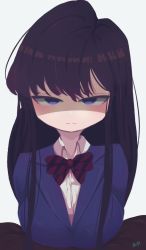 Rule 34 | 1girl, are joel, black hair, blazer, blue jacket, bow, bowtie, breast rest, breasts, closed mouth, collared shirt, jacket, komi-san wa komyushou desu, komi shouko, large breasts, long hair, looking at viewer, purple eyes, red bow, red bowtie, school uniform, shaded face, shirt, solo, striped bow, striped bowtie, striped clothes, white background, white shirt