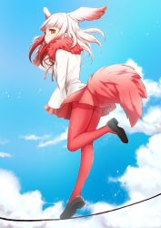 Rule 34 | 10s, 1girl, :o, balancing, bird tail, blue sky, cloud, day, frilled sleeves, frills, from below, from side, full body, fur collar, half-closed eyes, head wings, highres, japanese crested ibis (kemono friends), kemono friends, leg up, legs, long sleeves, looking at viewer, mame jirushi, mary janes, multicolored hair, open mouth, pantyhose, pleated skirt, red pantyhose, red skirt, shoes, short hair with long locks, skirt, sky, solo, tail, two-tone hair, white hair, wide sleeves, wings, yellow eyes