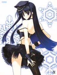 Rule 34 | 10s, 1girl, :&lt;, absurdres, angry, back, bare shoulders, black eyes, black hair, black panties, black thighhighs, blush, bridal gauntlets, from behind, garter straps, hairband, hand on own hip, hat, highres, hip focus, lace, long hair, looking back, nakamura takeshi, panties, peaked cap, scan, single thighhigh, solo, thighhighs, touma kazusa, underwear, upskirt, white album, white album (series), white album 2