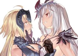 Rule 34 | 10s, 2girls, ahoge, angry, bad id, bad twitter id, bare shoulders, black gloves, blonde hair, breasts, chain, cleavage, collarbone, crossover, dark jeanne, emmmerald, eye contact, fate/grand order, fate (series), feathers, female focus, gloves, grabbing another&#039;s chin, granblue fantasy, hair ornament, hand on another&#039;s chin, headpiece, jeanne d&#039;arc (fate), jeanne d&#039;arc (granblue fantasy), jeanne d&#039;arc (ruler) (fate), jeanne d&#039;arc alter (avenger) (fate), jeanne d&#039;arc alter (fate), large breasts, long hair, looking at another, multiple girls, name connection, parted lips, red eyes, silver hair, smile, strap pull, type-moon, upper body, yellow eyes, yuri