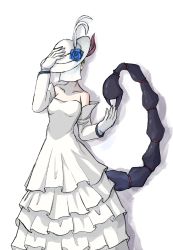 Rule 34 | 1girl, 4138, detached sleeves, dress, female focus, hat, monster girl, original, scorpion tail, simple background, solo, tail, white background