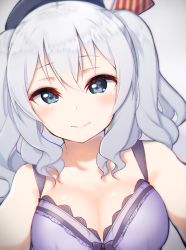 Rule 34 | 1girl, bare shoulders, beret, black hat, blue eyes, bra, breasts, cleavage, closed mouth, collarbone, dutch angle, eyelashes, gradient background, grey background, hat, kantai collection, kashima (kancolle), kunugi miyaco, long hair, looking at viewer, medium breasts, purple bra, silver hair, smile, solo, tareme, twintails, underwear, underwear only, upper body, wavy hair