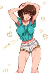 Rule 34 | 1girl, armpits, arms up, breasts, brown eyes, brown hair, cameltoe, eyebrows hidden by hair, feet out of frame, female focus, green shirt, highres, legs, looking at viewer, medium breasts, midriff, navel, open mouth, ranma 1/2, sakuradou, shirt, short hair, short shorts, shorts, simple background, smile, solo, standing, tendou nabiki, thighs, white background