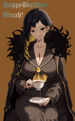 Rule 34 | 1girl, binah (project moon), black cape, black dress, black eyes, black hair, black sailor collar, blonde hair, breasts, cape, closed mouth, colored inner hair, cup, dress, highres, holding, holding cup, holding plate, large breasts, library of ruina, long hair, long sleeves, looking at viewer, multicolored hair, plate, project moon, sailor collar, simple background, sitting, smile, solo, streaked hair, teacup, y0ru73, yellow background