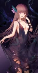 Rule 34 | 1girl, black dress, breasts, brown hair, cleavage, clothes lift, collarbone, dark persona, dress, dress lift, hair ornament, hand to own mouth, highres, long hair, low-cut, naughty face, open mouth, purple eyes, sidelocks, small breasts, smile, solo, swd3e2, sweatdrop, tentacles, tentacles under clothes, tiruka, torn clothes, torn dress, venus blood, venus blood: frontier, very long hair