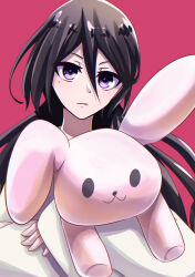 Rule 34 | 1girl, black hair, bleach, bleach: epilogue, bow, closed mouth, commentary request, hair between eyes, haori, highres, holding, holding stuffed toy, japanese clothes, kuchiki rukia, light smile, long hair, long sleeves, looking at viewer, pink bow, purple eyes, simple background, solo, spoilers, stuffed animal, stuffed rabbit, stuffed toy, sumire 1046, wide sleeves