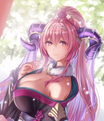 Rule 34 | 1girl, anbe yoshirou, bare shoulders, blush, breasts, cleavage, curled horns, fire emblem, fire emblem heroes, frilled sleeves, frills, fur trim, goat horns, hair ornament, highres, horns, huge breasts, japanese clothes, kimono, long hair, looking at viewer, multicolored hair, nerthuz (fire emblem), nerthuz (new year) (fire emblem), nintendo, official alternate costume, pink hair, ponytail, purple eyes, solo, two-tone hair, very long hair
