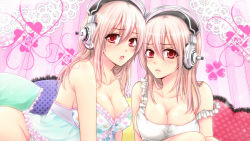 Rule 34 | 2girls, apron, blush, breasts, cleavage, dual persona, headphones, highres, large breasts, lingerie, miyoshi (m178), multiple girls, naked apron, nitroplus, off shoulder, pink hair, red eyes, super sonico, underwear