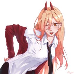 Rule 34 | 1girl, :p, artist name, black necktie, black skirt, blonde hair, breasts, chainsaw man, cowboy shot, cross-shaped pupils, crosshair pupils, demon horns, hair over one eye, hand on own hip, highres, horns, jacket, leaning forward, light blush, long hair, medium breasts, necktie, one eye closed, power (chainsaw man), ranveld, red jacket, sharp teeth, shirt, signature, skirt, solo, symbol-shaped pupils, teeth, tongue, tongue out, white background, white shirt, yellow eyes