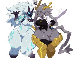 Rule 34 | 1girl, absurdres, animal ears, antlers, big hair, blue eyes, blush, body markings, breasts, capelet, choker, coat, coattails, crossover, curvy, cyberlord1109, eyebrows, eyelashes, fingerless gloves, frown, furry, gloves, glowing, glowing eyes, goat ears, goat tail, grey hair, hand on own chest, hand on own hip, highres, holding, holding weapon, horns, jewelry, kindred (league of legends), kiss, large breasts, league of legends, leg armor, long ears, long hair, looking at another, mask, meme, navel, no nipples, nude, pseudoregalia, rabbit ears, raised eyebrow, short hair, standing, sybil (pseudoregalia), thick eyebrows, thick thighs, thighhighs, thighs, thought bubble, weapon, white background, white hair, wide hips, yuri