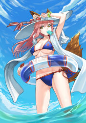 Rule 34 | 1girl, absurdres, animal ear fluff, animal ears, bikini, blue bikini, blue sky, breasts, cleavage, cloud, collarbone, commentary, commentary request, day, ears through headwear, eyes visible through hair, fate/grand order, fate (series), food, food in mouth, fox ears, fox girl, fox tail, fy123, groin, halterneck, hat, hat ribbon, highres, horizon, ice, innertube, large breasts, long hair, looking at viewer, looking down, ocean, outdoors, partially submerged, pink hair, ribbon, side-tie bikini bottom, sky, solo, string bikini, sun hat, swim ring, swimsuit, tail, tamamo (fate), tamamo no mae (fate/extra), tamamo no mae (swimsuit lancer) (fate), tamamo no mae (swimsuit lancer) (third ascension) (fate), wading, water, yellow eyes