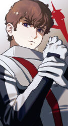 Rule 34 | 1boy, amuro ray, artist logo, blue eyes, bodysuit, brown hair, char&#039;s counterattack, closed mouth, commentary request, gundam, hair between eyes, hand on own wrist, hands up, highres, insignia, light frown, looking at viewer, male focus, normal suit, pilot suit, shade, short hair, solo, spacesuit, upper body, ususio 11, white bodysuit