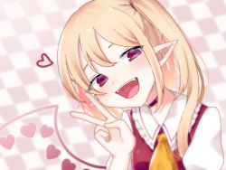 Rule 34 | 1girl, :d, ascot, blonde hair, blurry, blurry background, blush, checkered background, choker, collared shirt, depth of field, eringi (rmrafrn), eyebrows hidden by hair, fangs, flandre scarlet, frilled shirt collar, frills, hair between eyes, hand up, head tilt, heart, long hair, one side up, open mouth, orange ascot, pointy ears, puffy short sleeves, puffy sleeves, red choker, red eyes, red vest, shirt, short sleeves, smile, solo, touhou, v, vest, white shirt, wings