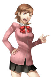 Rule 34 | 1girl, atlus, blazer, bow, brown eyes, brown hair, flipped, hand on own hip, hip focus, jacket, persona, persona 3, pleated skirt, pointing, reversed, school uniform, short hair, simple background, skirt, solo, sweater, takeba yukari, white background