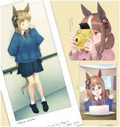 Rule 34 | 2girls, aged down, alternate costume, animal ears, ankle socks, balladeluce, birthday, birthday cake, blue eyes, blue sweater, brown hair, cake, camera, character name, commentary request, dated, ear ornament, english text, food, grass wonder (umamusume), happy birthday, highres, holding, holding camera, horse ears, horse girl, horse tail, long hair, multicolored hair, multiple girls, necktie, original, personification, photo (object), railing, red necktie, ribbed sweater, siblings, side ponytail, sidelocks, sisters, socks, sweater, tail, taking picture, translation request, twitter username, two-tone hair, umamusume, white hair, white sweater, wonder again (racehorse), yellow background