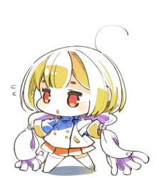 Rule 34 | 1girl, ahoge, blonde hair, brown eyes, character request, chibi, full body, mota, open mouth, scarf, short hair, simple background, skirt, solo, white background