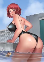 Rule 34 | 1boy, 1girl, ass, giant, giantess, highres, kkasi00, mini person, miniboy, one-piece swimsuit, partially submerged, red hair, short hair, swimming, swimsuit