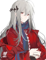 Rule 34 | 1girl, absurdres, ahoge, arknights, blue scarf, grey hair, hair between eyes, hair ornament, highres, jacket, joshua (shisanli934), long hair, looking at viewer, off shoulder, open clothes, open jacket, own hands together, red eyes, red jacket, red shirt, scarf, shirt, simple background, skadi (arknights), skadi the corrupting heart (arknights), sketch, solo, upper body, very long hair, white background