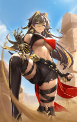 Rule 34 | 1girl, black footwear, black gloves, black shorts, blonde hair, blue eyes, blue sky, boots, breasts, brown hair, claw ring, clenched hand, crop top, crossed bangs, dark-skinned female, dark skin, dehya (genshin impact), desert, elbow gloves, feet out of frame, fingerless gloves, floating hair, genshin impact, gloves, hair intakes, hand up, high heels, highres, jewelry, large breasts, liu liaoliao, long hair, looking at viewer, multicolored hair, nail polish, navel, neck ring, outdoors, pants, parted lips, red nails, rock, sand, short shorts, shorts, signature, skindentation, sky, smile, solo, standing, stomach, streaked hair, thigh boots, thigh strap, thighs, torn clothes, torn pants, torn shorts, two-tone hair, underboob