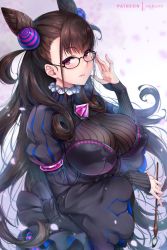 Rule 34 | 1girl, black-framed eyewear, black dress, breasts, brown hair, calligraphy brush, cone hair bun, covered erect nipples, double bun, dress, eyewear strap, fate/grand order, fate (series), frills, gem, glasses, hair between eyes, hair bun, hair ornament, hand up, highres, large breasts, long hair, long sleeves, looking at viewer, murasaki shikibu (fate), nail polish, paintbrush, parted lips, pink nails, puffy long sleeves, puffy sleeves, purple eyes, rei kun, sleeves past wrists, solo, two side up, upper body, very long hair