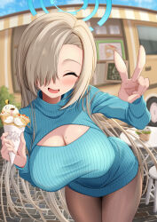 Rule 34 | 1girl, absurdres, aqua sweater, asuna (blue archive), blue archive, blush, breasts, cleavage, cleavage cutout, closed eyes, clothing cutout, commentary, day, food, hair over one eye, halo, highres, holding, holding food, kaigan, large breasts, leaning forward, light brown hair, long hair, long sleeves, mole, mole on breast, open mouth, outdoors, pantyhose, ribbed sweater, sidelocks, smile, solo, sweater, turtleneck, turtleneck sweater, v, very long hair