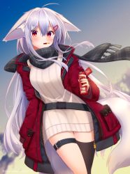 Rule 34 | 1girl, animal ear fluff, animal ears, black thighhighs, blush, breasts, cloud, food, food in mouth, fox ears, fox girl, fox tail, fringe trim, grey scarf, hair between eyes, hair ornament, hairclip, highres, jacket, long hair, long sleeves, looking at viewer, medium breasts, mouth hold, open clothes, open jacket, original, outdoors, plaid, plaid scarf, pocky, red eyes, red jacket, ribbed sweater, scarf, shirogane kasane, silver hair, single thighhigh, sky, sleeves past fingers, sleeves past wrists, solo, star (sky), starry sky, sunset, surume aburi, sweater, tail, thighhighs, twitter username, very long hair, white sweater