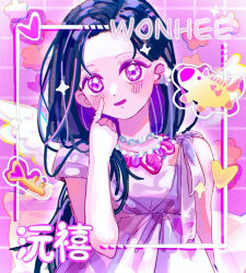 Rule 34 | 1girl, animification, blush, character name, dress, heart, illit, jewelry, k-pop, key, looking at viewer, necklace, open mouth, purple dress, real life, smile, solo, sparkle, upper body, wings, wonhee (illit), xiao xiao nai mi