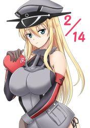 Rule 34 | 1girl, anchor, armor, bismarck (kancolle), blonde hair, blue eyes, box, breastplate, commentary request, cross, detached sleeves, fuuma nagi, hat, heart, iron cross, kantai collection, long hair, looking at viewer, military, military hat, military uniform, peaked cap, simple background, solo, uniform, upper body, valentine, white background