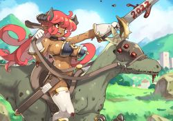 Rule 34 | 1girl, 2022, :d, breasts, commentary, dark-skinned female, dark skin, dinosaur, dragon riding, english commentary, from side, gloves, holding, holding reins, holding sword, holding weapon, horns, large breasts, long hair, open mouth, original, outdoors, pointy breasts, red eyes, red hair, reins, riding, saddle, smile, solo, sword, thighhighs, vins-mousseux, weapon, white gloves, white thighhighs