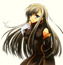 Rule 34 | 00s, 1girl, bad id, bad pixiv id, blue eyes, blush, breasts, brown hair, brown theme, gloves, hiryuu kanon, long hair, solo, tales of (series), tales of the abyss, tear grants, white background