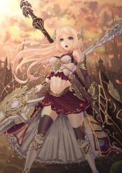 Rule 34 | 1girl, armor, black thighhighs, blonde hair, breasts, fantasy, green eyes, highres, holding, holding sword, holding weapon, large breasts, long hair, looking at viewer, miniskirt, navel, open mouth, original, red skirt, skirt, solo, sword, teraguchi, thighhighs, weapon